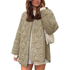 Women's Jacket Puffer Light Khaki Zip Pocket Clothes Button Padded Outerwear